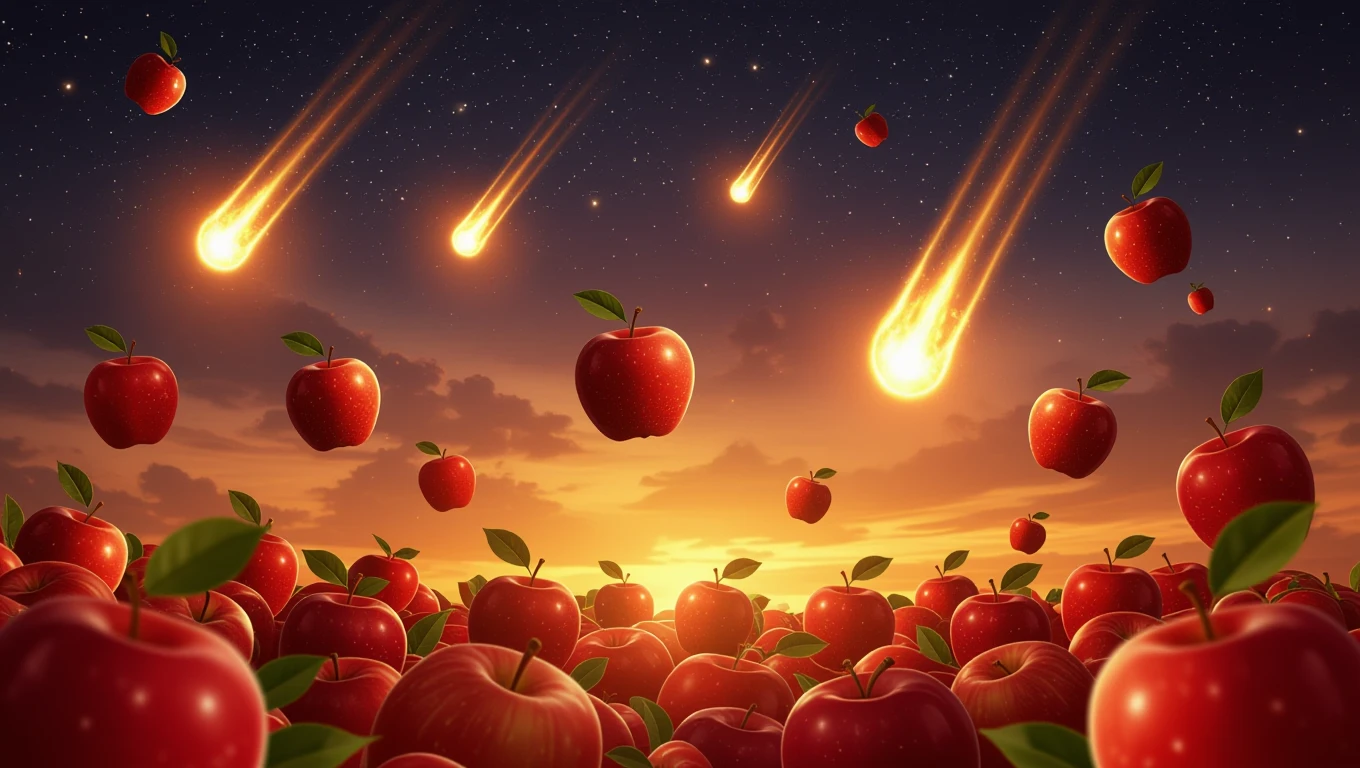 Un câmp plin de mere roșii strălucitoare, sub un cer cu meteori căzând, simbolizând oportunități și începuturi noi.