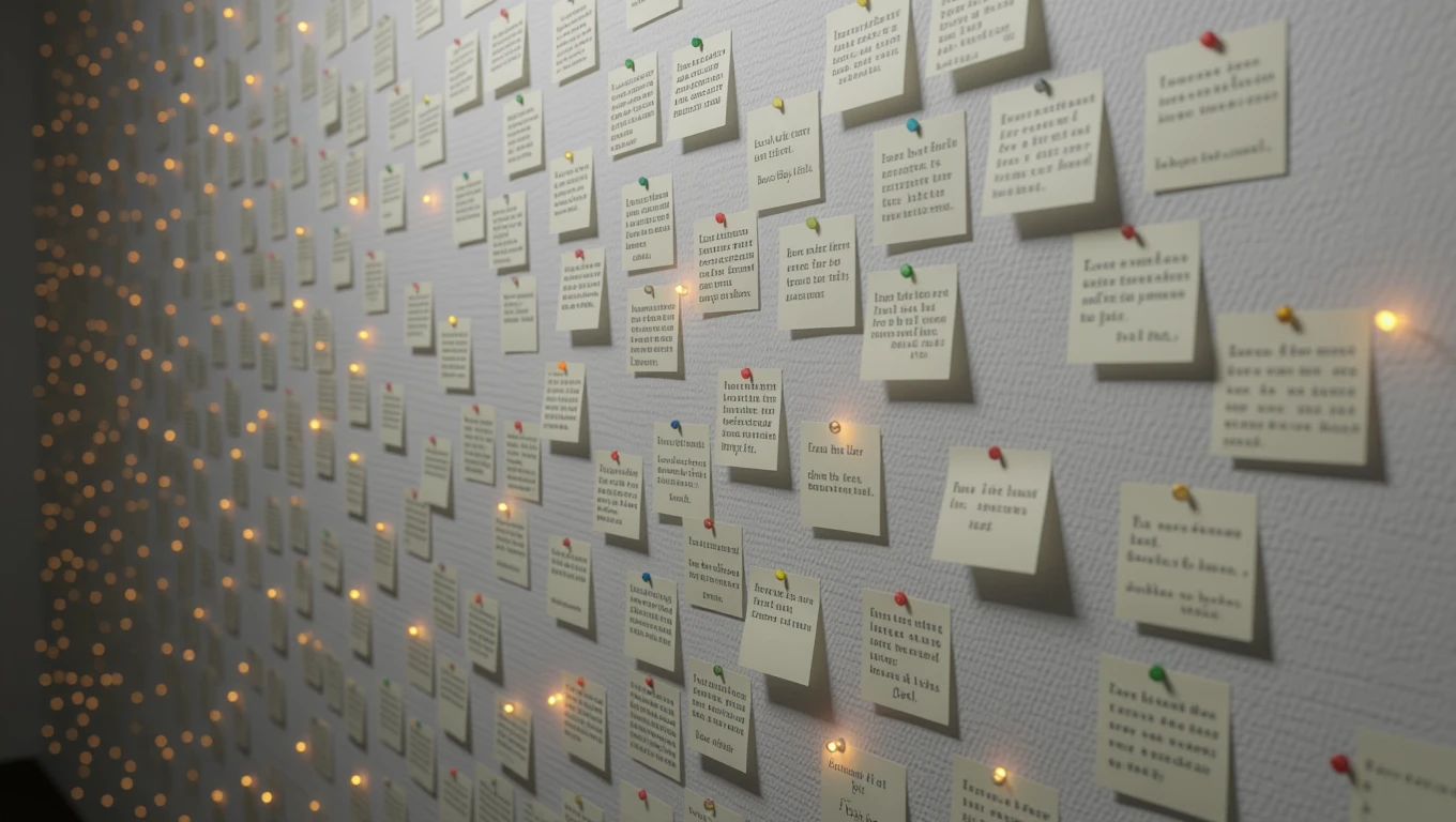 O pereche de pereți acoperiți cu note lipite, fiecare având mesaje scrise, simbolizând gânduri și idei neexprimate.