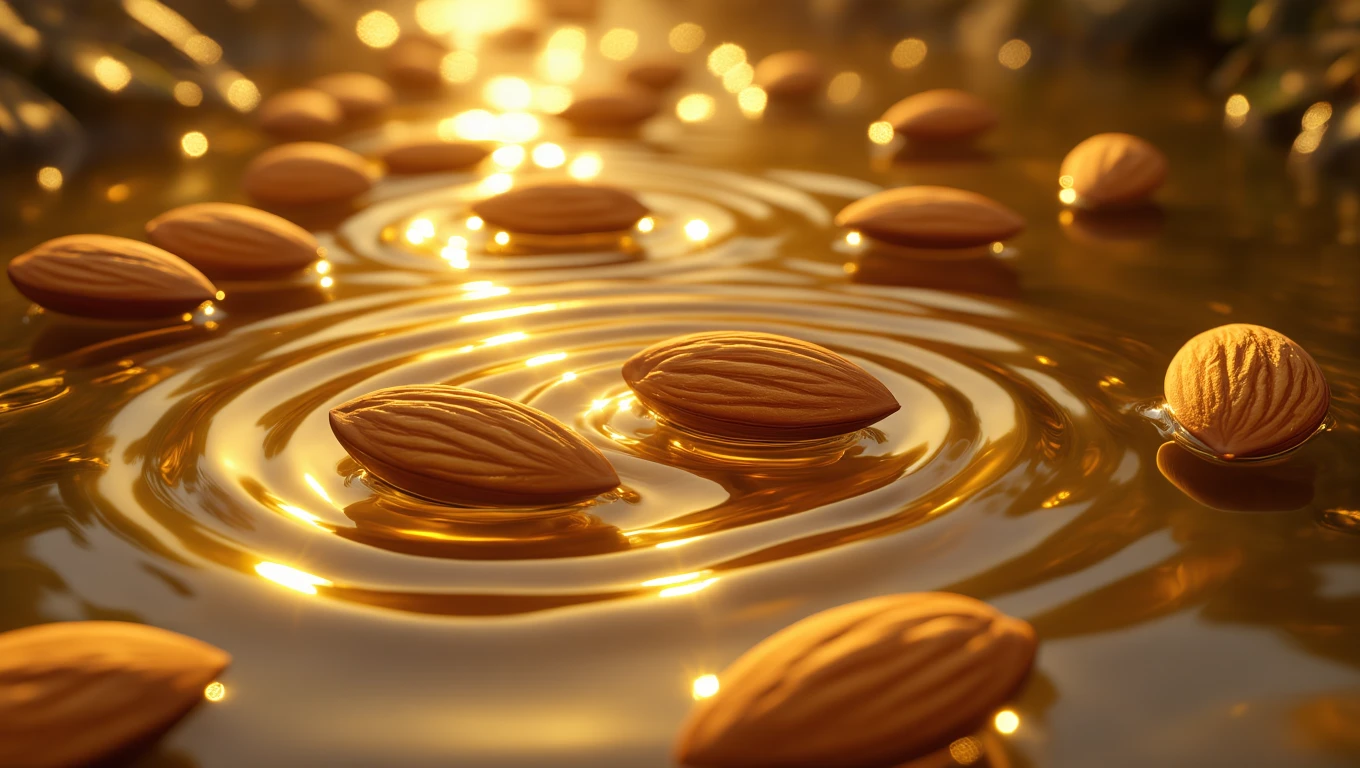 Migdale plutind pe o apă calmă, reflectând lumina soarelui, simbolizând prosperitate și noi începuturi.