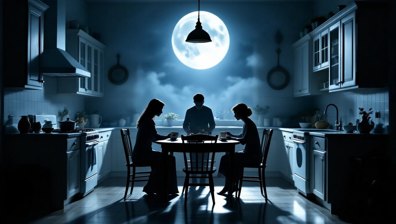 O bucătărie modernă, cu mobilier elegant, în lumina lunii, unde două persoane stau la masă, reflectând intimitate și armonie.