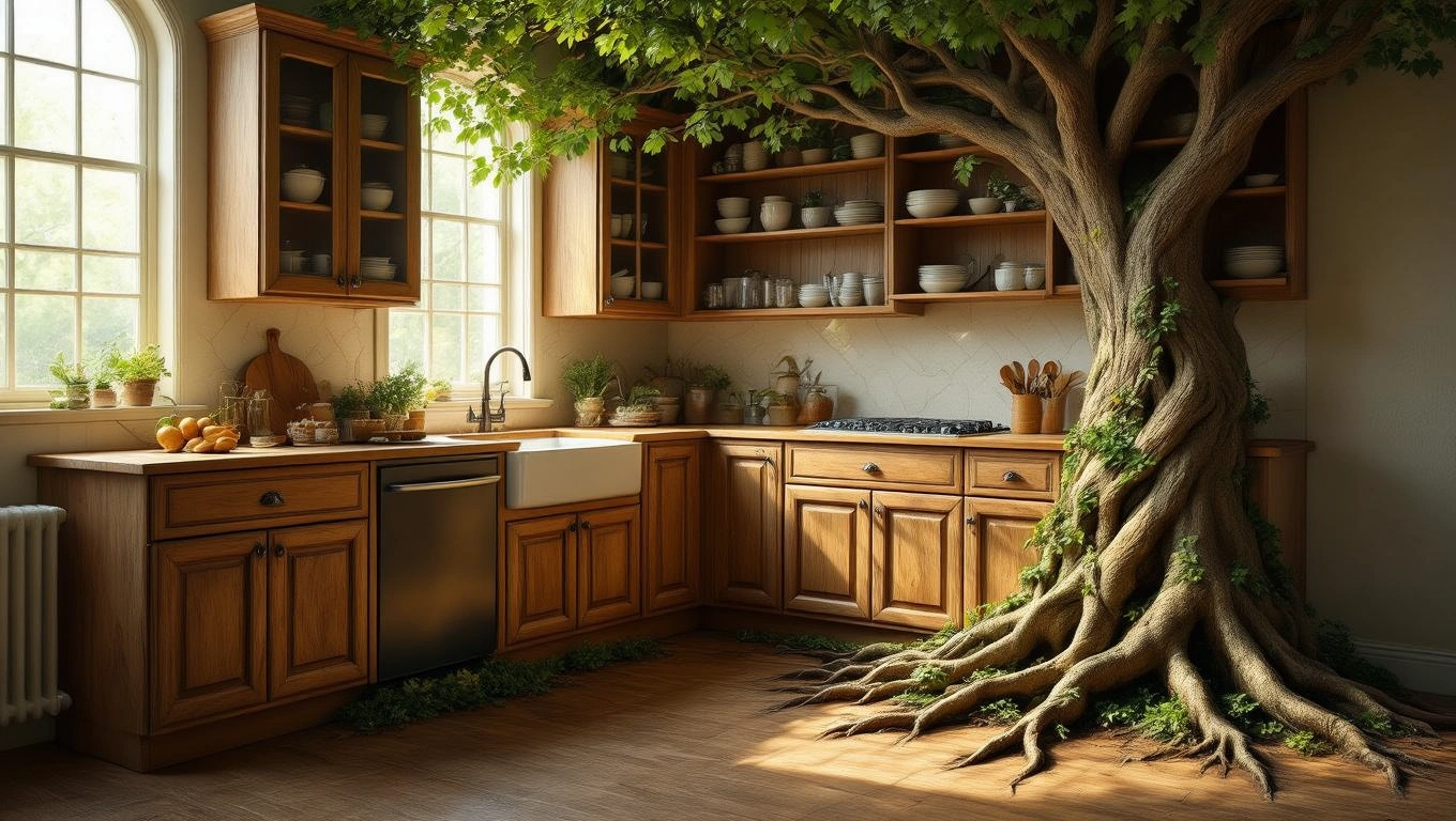O bucătărie modernă cu mobilier din lemn, având un copac mare care crește din podea, simbolizând stabilitate și armonie.