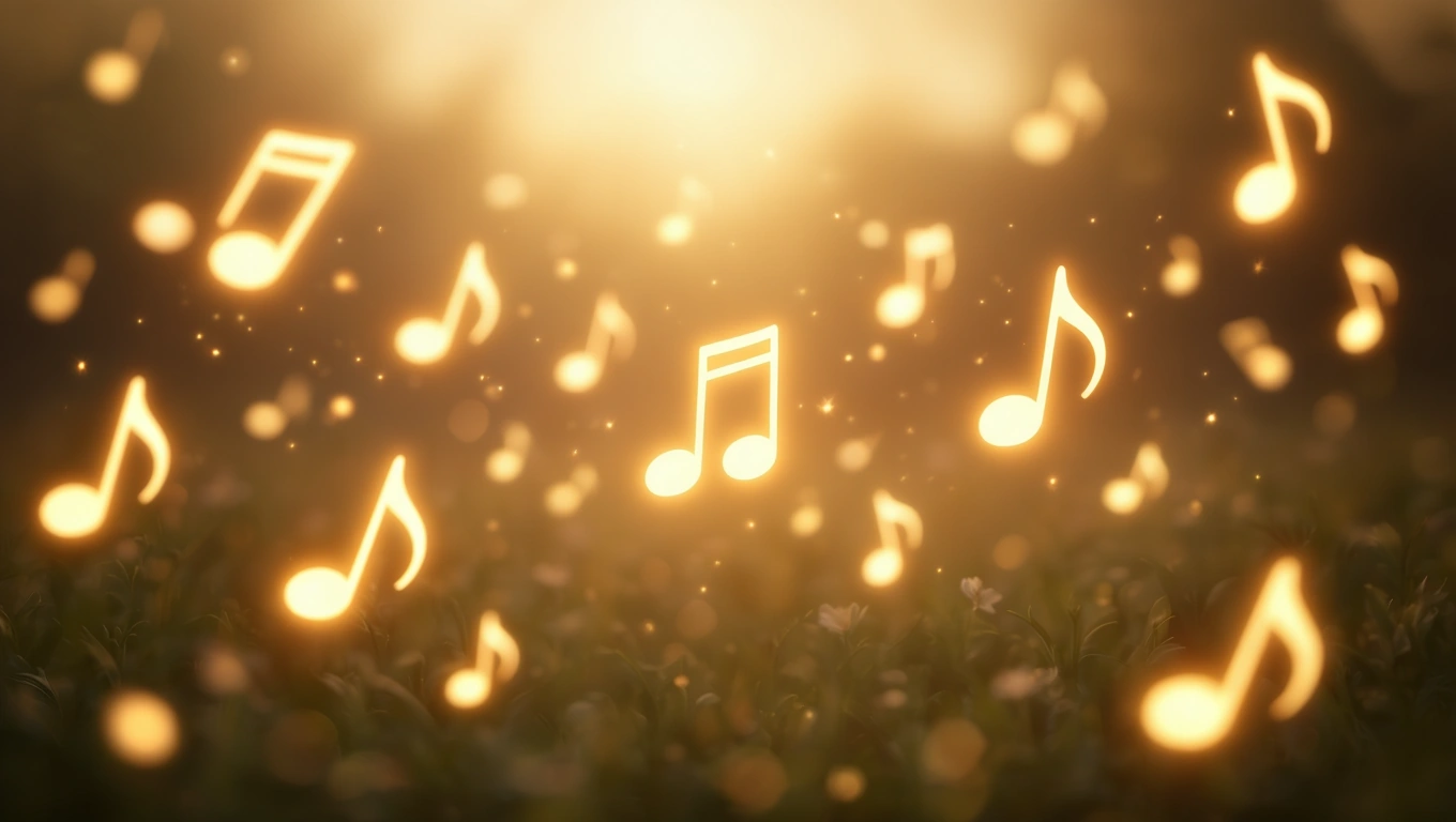O imagine cu note muzicale strălucitoare plutind în aer, simbolizând creativitatea și armonia interioară.