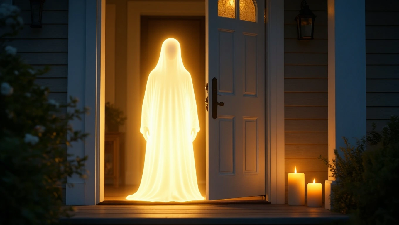 O figură luminoasă, asemănătoare unui oaspete, stă la ușa unei case, simbolizând oportunități noi.