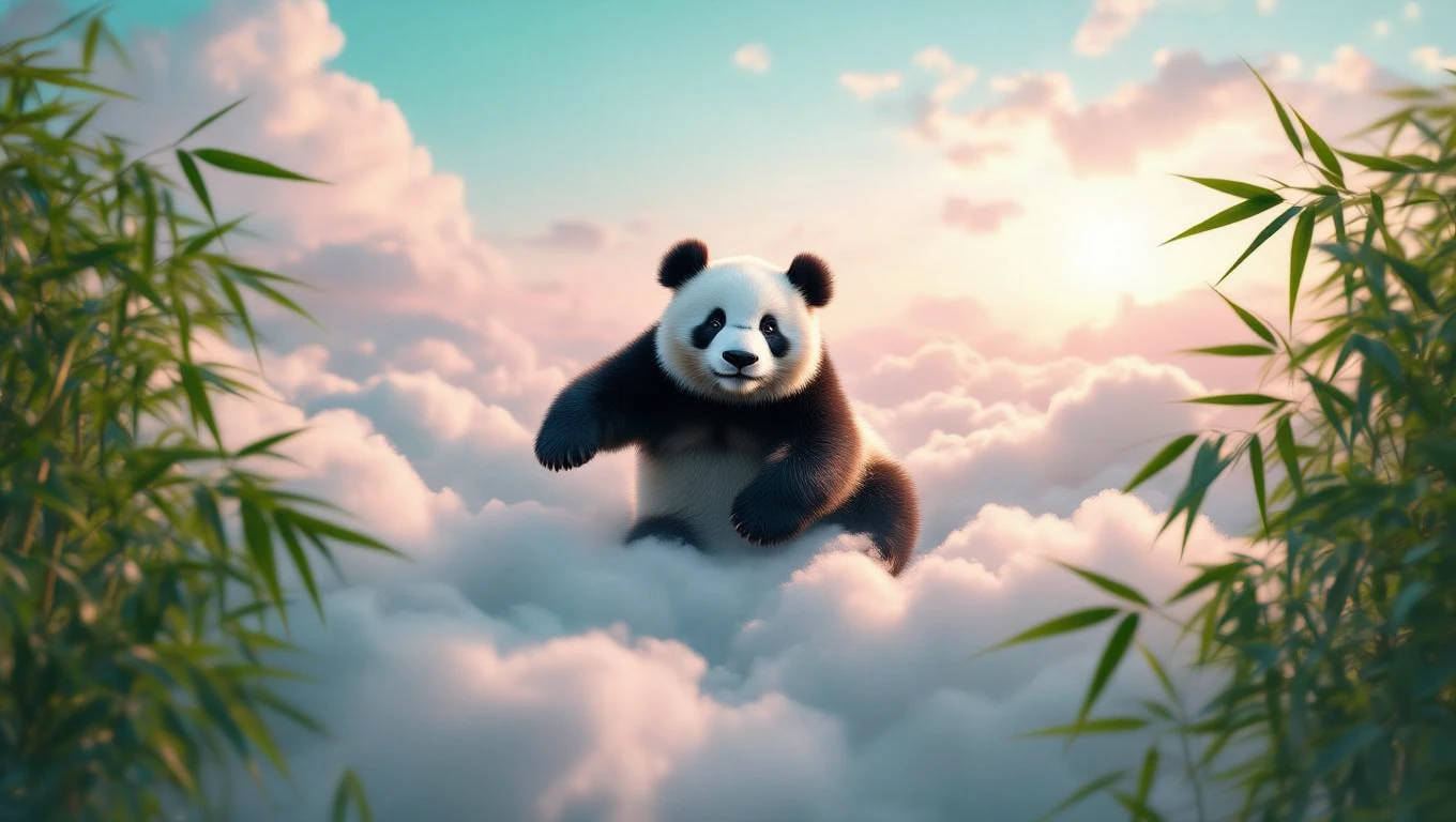 Un panda jucăuș plutește printre nori, înconjurat de bambus, simbolizând echilibrul și liniștea interioară.