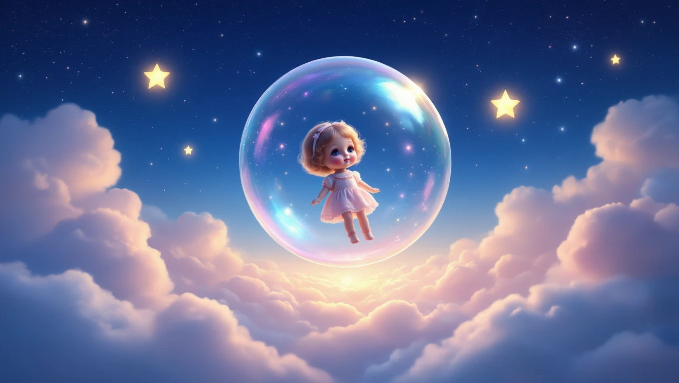 O păpușă drăguță plutește într-o bulă de săpun, înconjurată de nori pufoși și stele strălucitoare, evocând o atmosferă onirică.