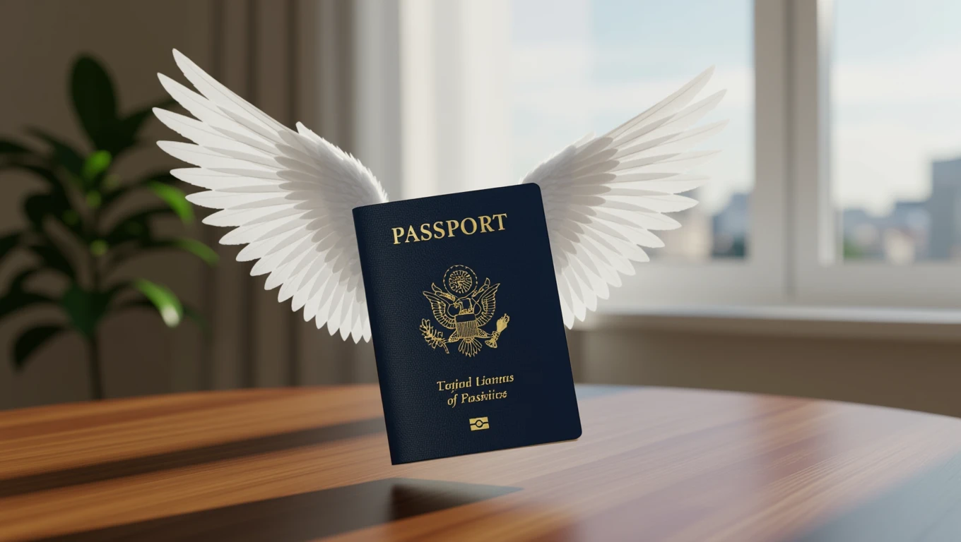 Un pașaport cu aripi albe plutind deasupra unei mese din lemn, simbolizând libertatea și noi oportunități.