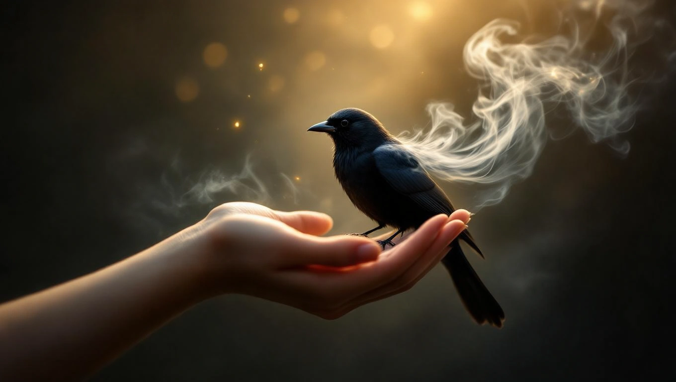 O pasăre neagră stă pe o palmă deschisă, înconjurată de o atmosferă misterioasă și fum ușor, simbolizând transformarea și începuturi noi.