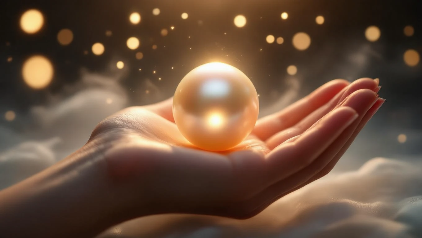 O mână delicată susține o perlă strălucitoare, simbolizând înțelepciunea și frumusețea interioară.