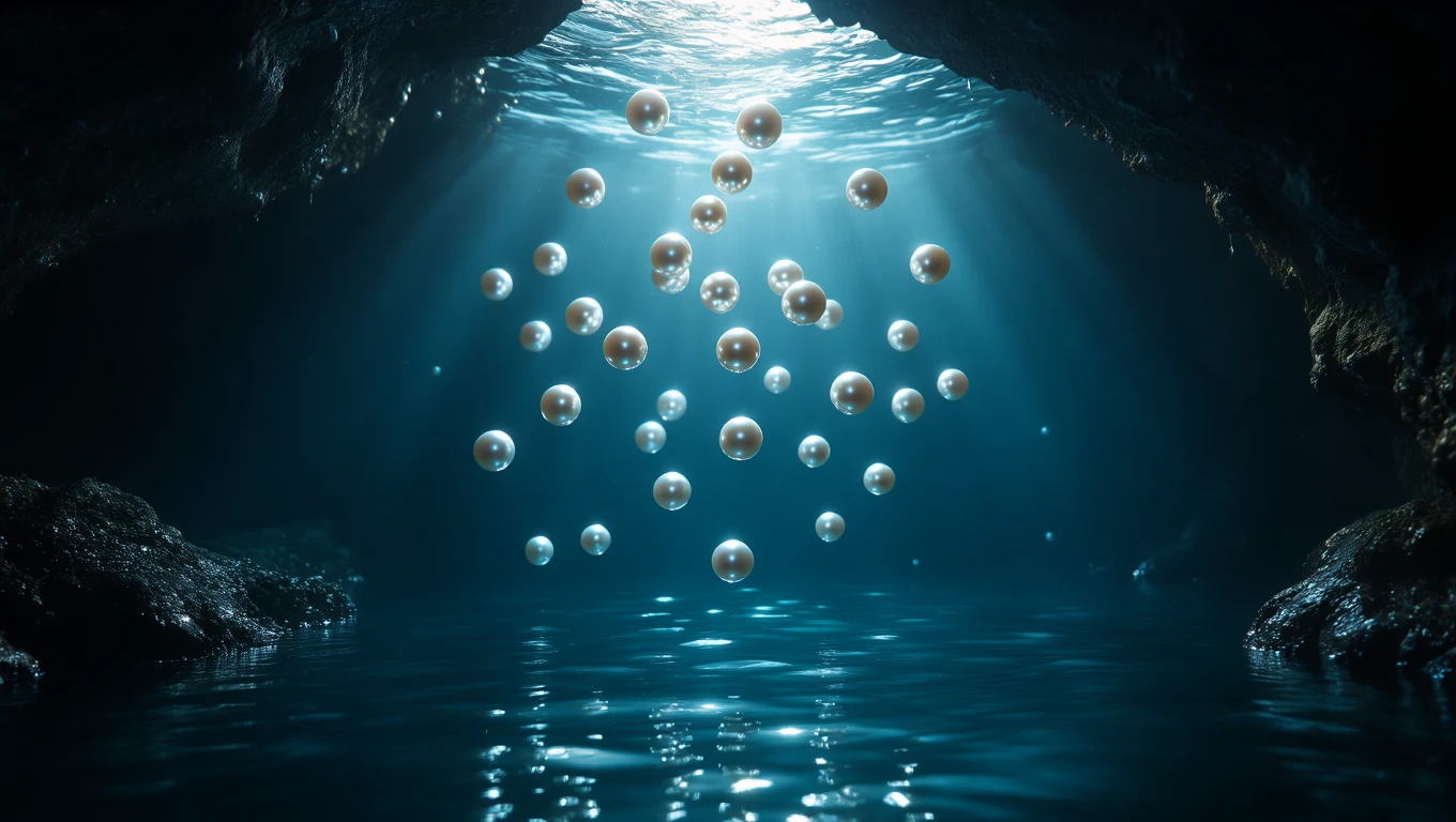 O mulțime de perle strălucitoare plutesc în apă, sub lumina blândă a unei peșteri subacvatice.