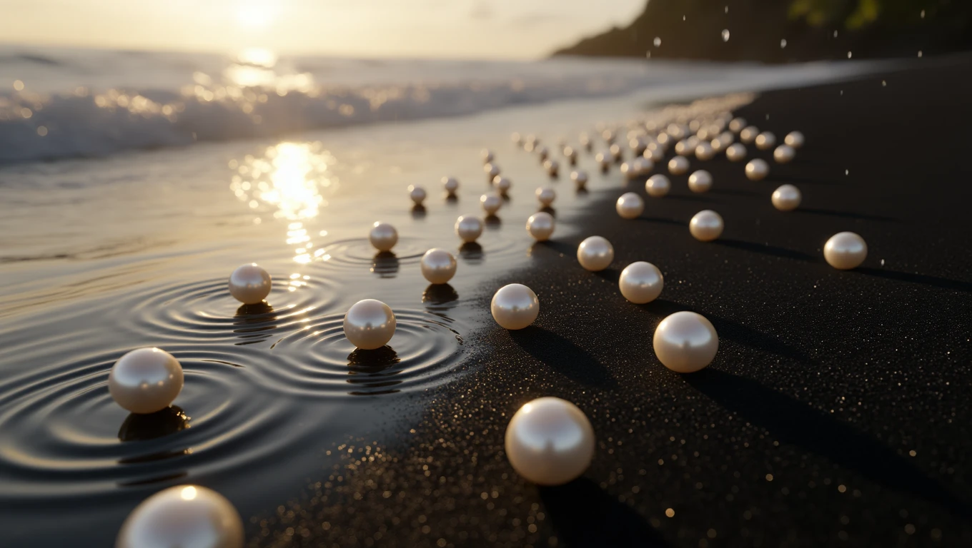 O plajă cu perle strălucitoare, reflectând lumina soarelui, simbolizând frumusețea interioară și înțelepciunea.