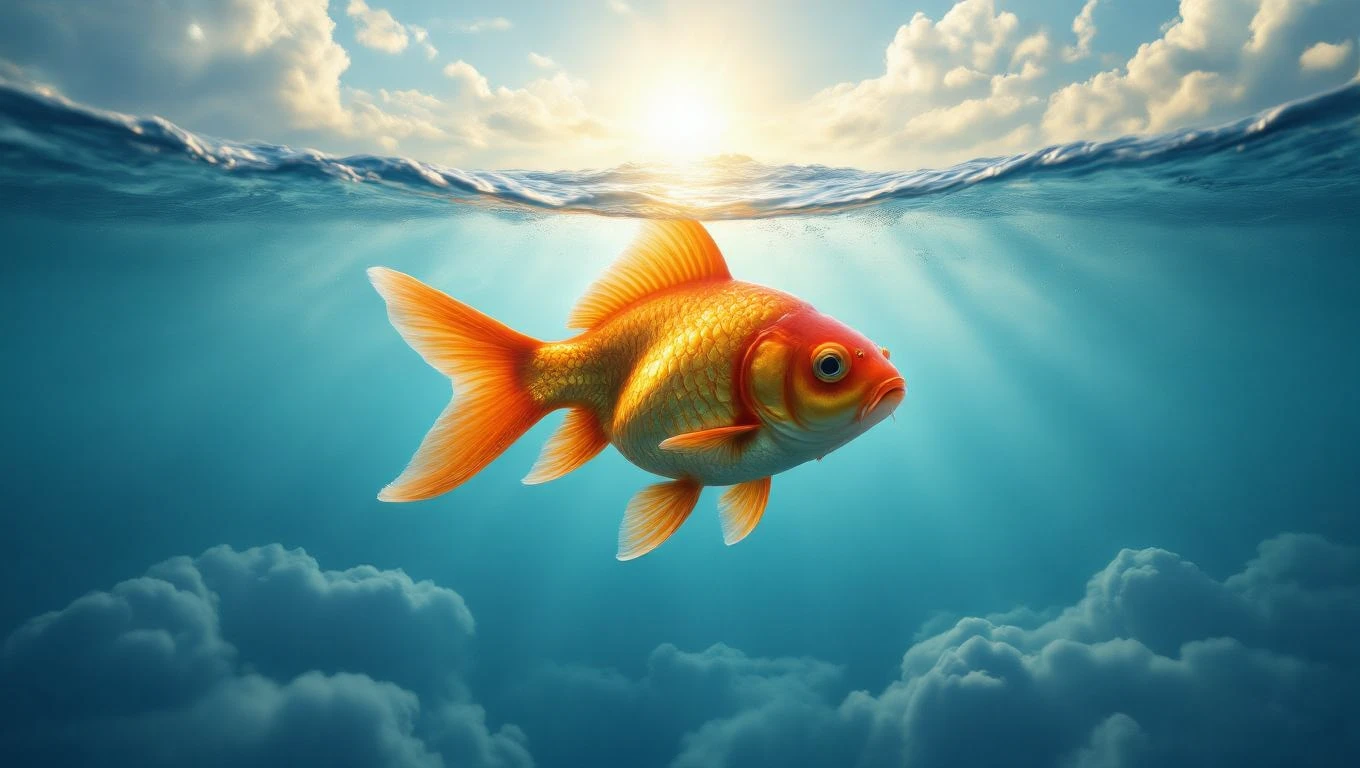 Un pește de aur înotând în ape limpezi, sub razele soarelui, simbolizând noroc și prosperitate.