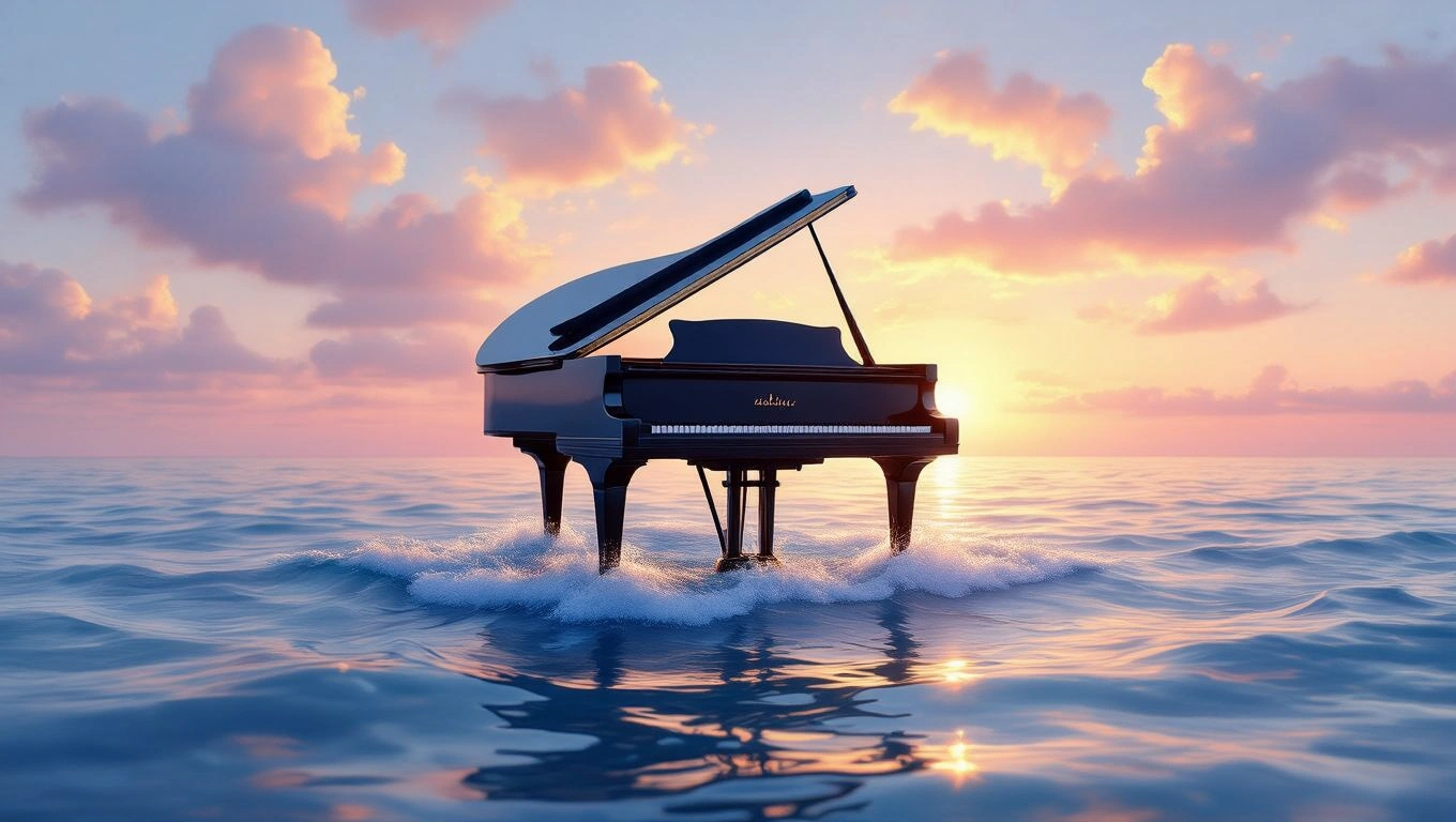 Un pian elegant plutește pe o mare calmă, sub un cer colorat de apus, simbolizând armonia și creativitatea visurilor.