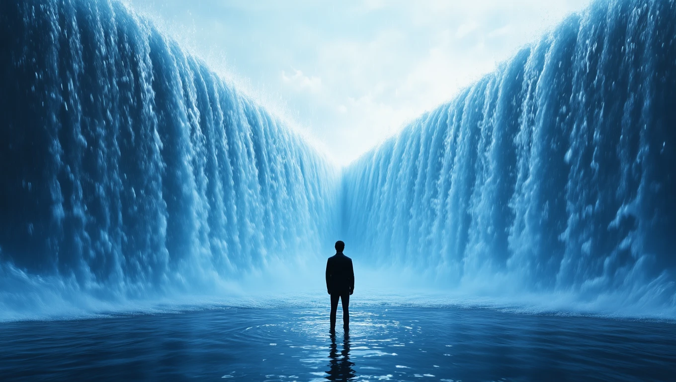Un bărbat stă singur în fața unei cascade imense, simbolizând provocările și temerile din vis.