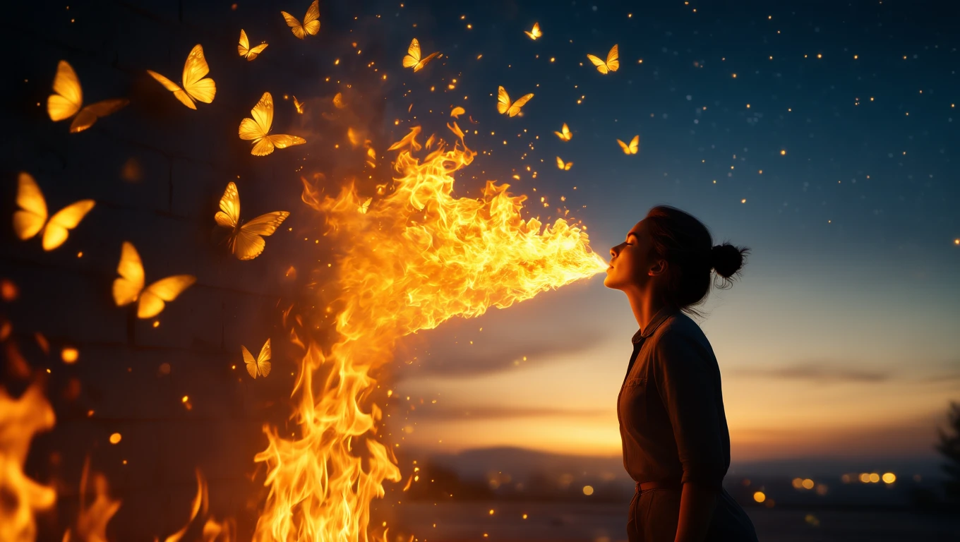 O femeie care suflă foc, simbolizând puterea de a depăși obstacolele, înconjurată de fluturi.