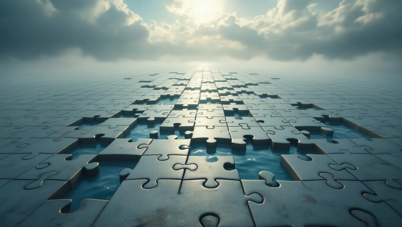 O suprafață de puzzle cu piese lipsă, reflectând cerul și norii, simbolizând căutarea soluțiilor în viață.