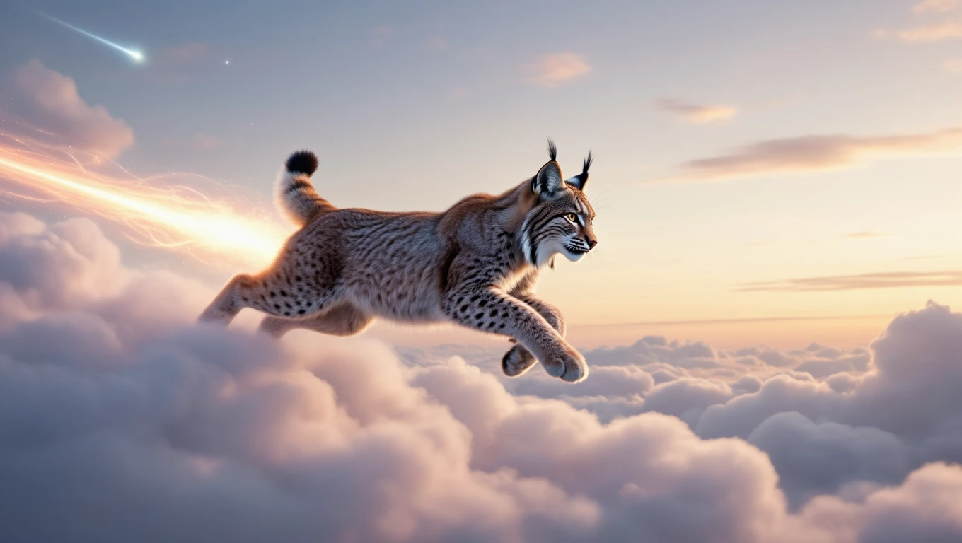 Un râs sărind cu grație printre nori, simbolizând libertatea și curajul în vis.