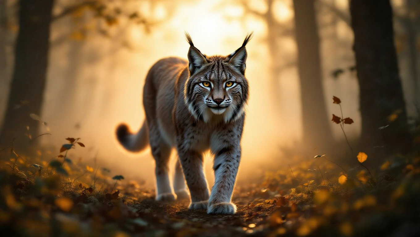 Un râs majestuos pășește printr-o pădure luminoasă, simbolizând curajul și libertatea interioară.