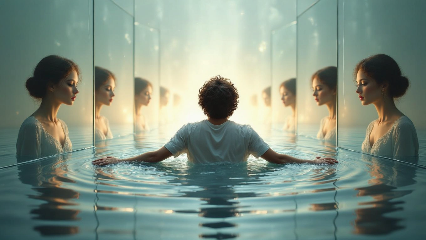 Un băiat stă într-o apă liniștită, înconjurat de oglinzi care reflectă imagini ale unei femei, simbolizând introspecția și temerile legate de eșec.