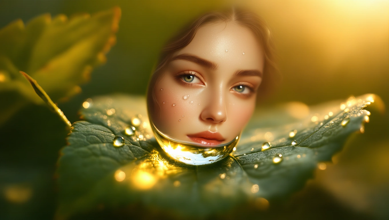 O față feminină cu pielea strălucitoare, reflectată într-o picătură de apă pe o frunză verde, simbolizând autenticitatea și imaginea de sine.