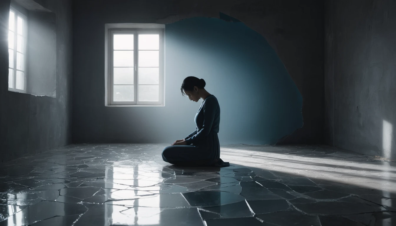 O femeie stă în genunchi pe podeaua crăpată, reflectându-se în lumina care pătrunde prin fereastră, simbolizând conflicte interioare.