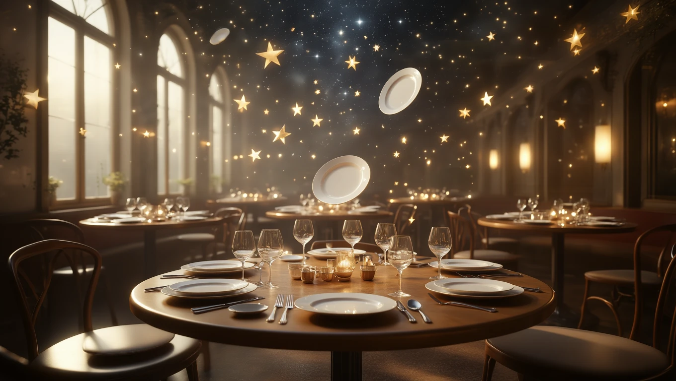 O masă elegantă într-un restaurant, cu farfurii și pahare strălucitoare, înconjurată de stele și lumini, sugerând o atmosferă de vis.
