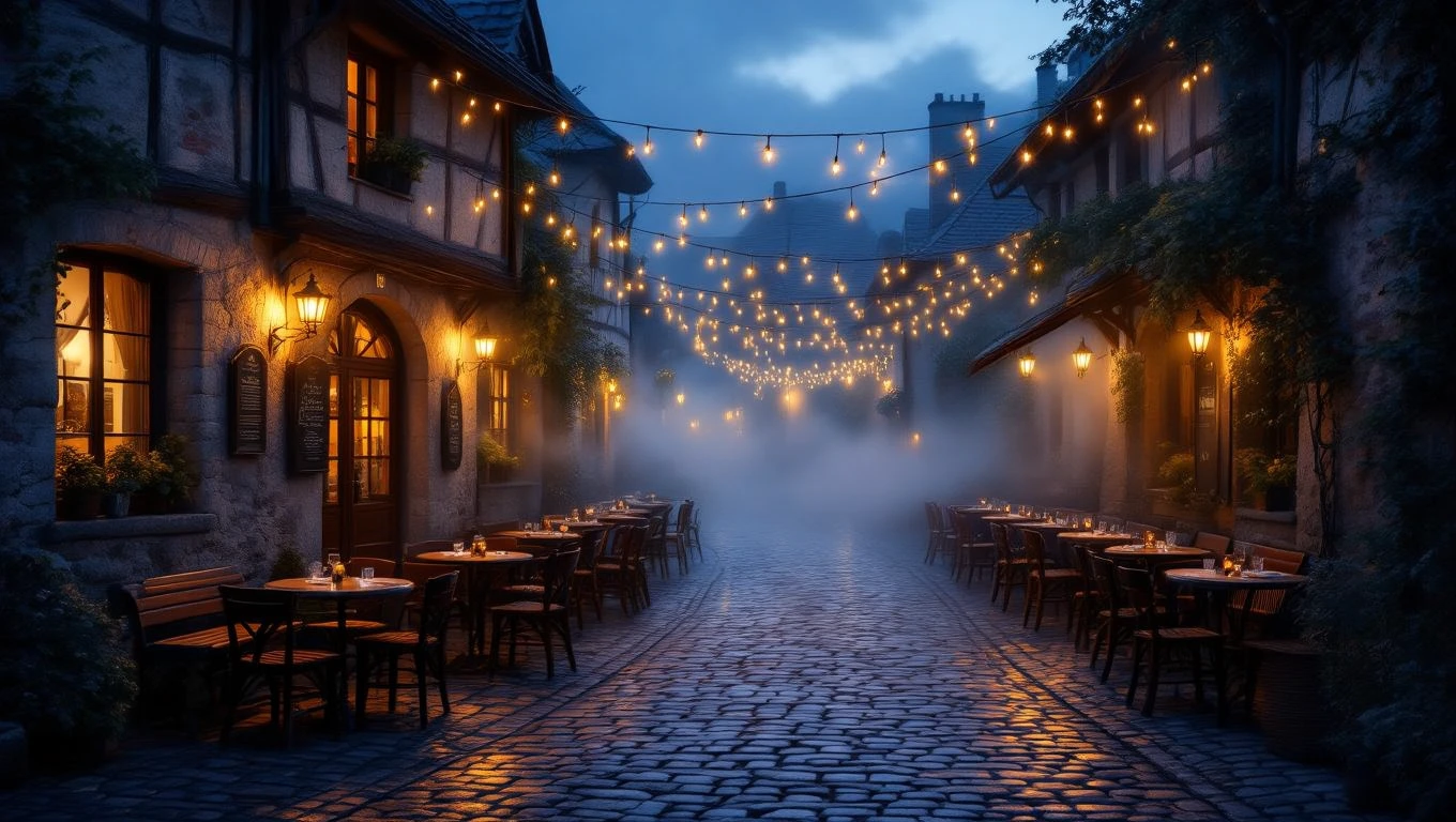 O stradă pitorească cu mese de restaurant, iluminată de lumini calde, evocând o atmosferă de convivialitate și abundență.