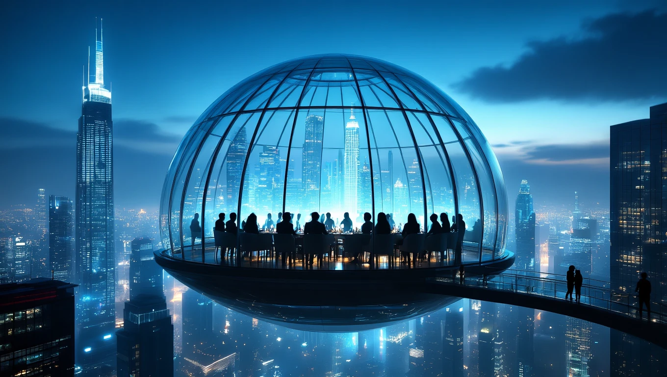 Oameni care se bucură de o cină elegantă într-un restaurant modern, suspendat deasupra orașului, cu un peisaj urban spectaculos în fundal.