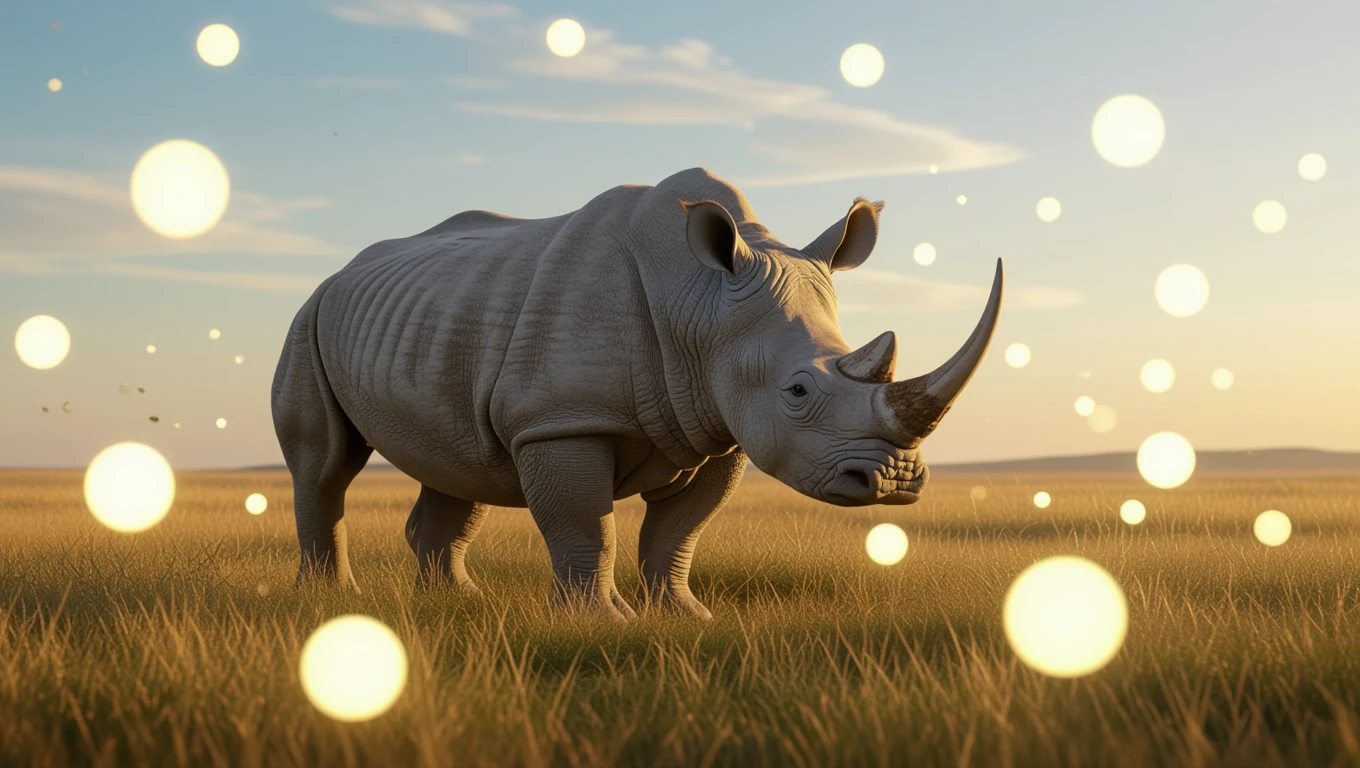 Ce înseamnă când visezi un rinocer? 15 Un rinocer în pajiște, simbolizând puterea și curajul, cu un fundal de cer senin și lumini strălucitoare.