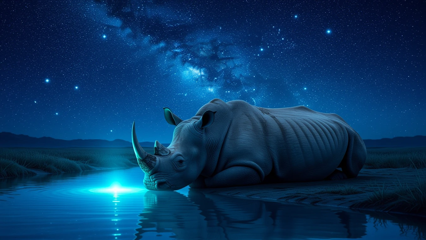 Ce înseamnă când visezi un rinocer? 13 Un rinocer stând lângă apă sub cerul înstelat, simbolizând puterea și curajul.