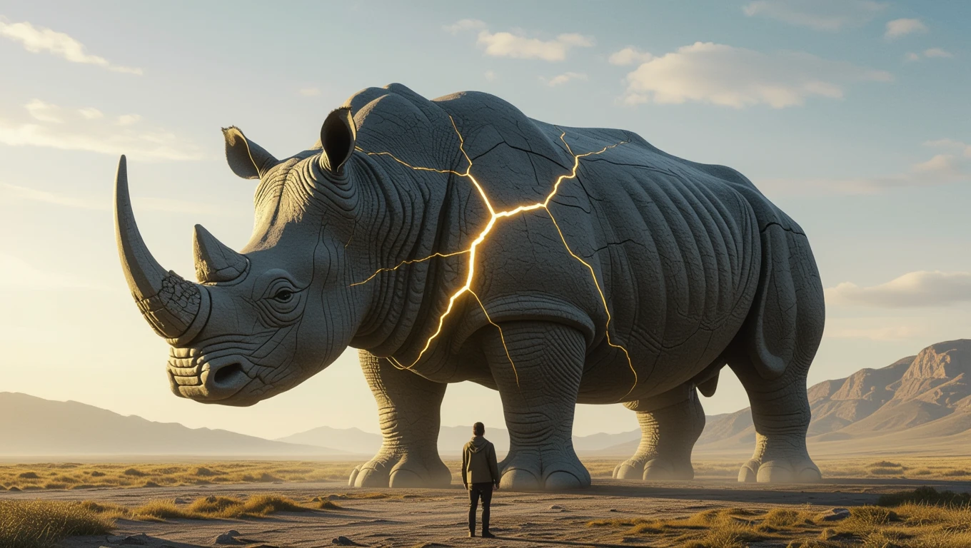 Ce înseamnă când visezi un rinocer? 14 Un rinocer cu o textură de piatră, crăpat, simbolizând puterea și curajul, în fața unei persoane într-un peisaj vast.