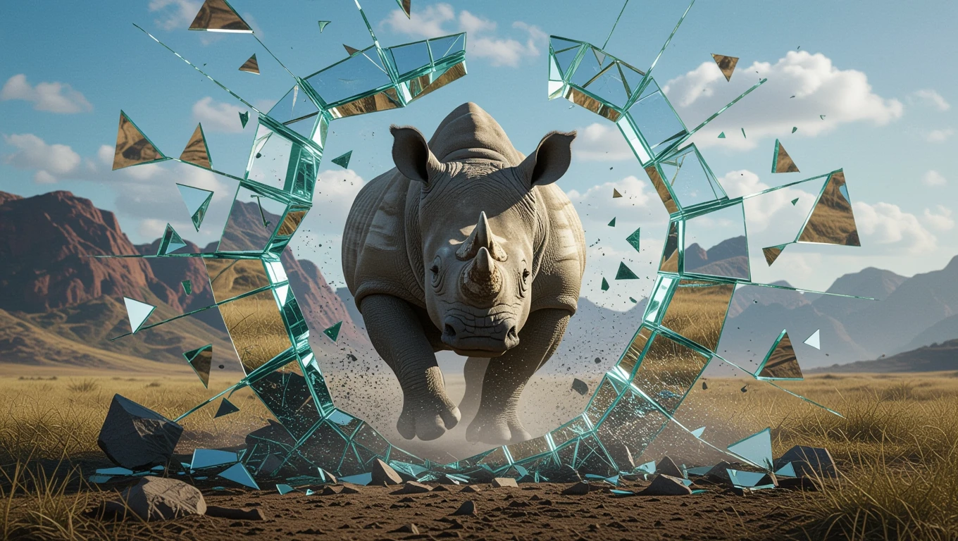 Ce înseamnă când visezi un rinocer? 12 Un rinocer care sparge un cerc de oglinzi, simbolizând puterea și curajul în fața obstacolelor.