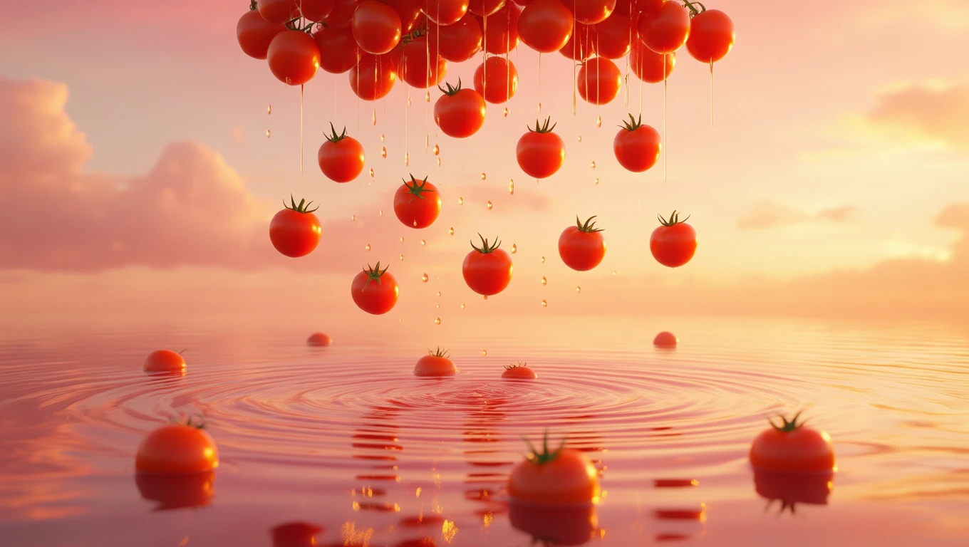 Roșii strălucitoare suspendate deasupra unei ape calme, reflectând nuanțe de roz și portocaliu în apus.