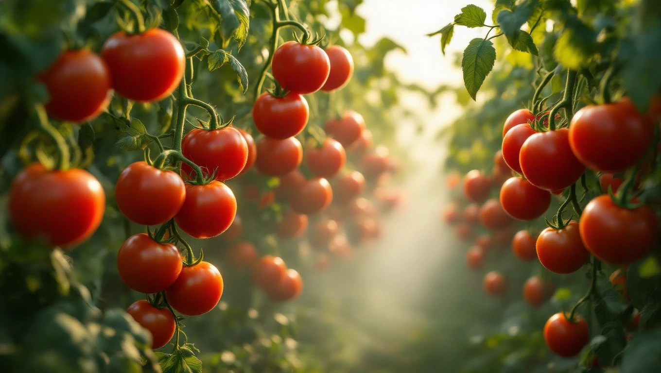 O grădină plină de roșii coapte, simbolizând abundență și vitalitate în vise.