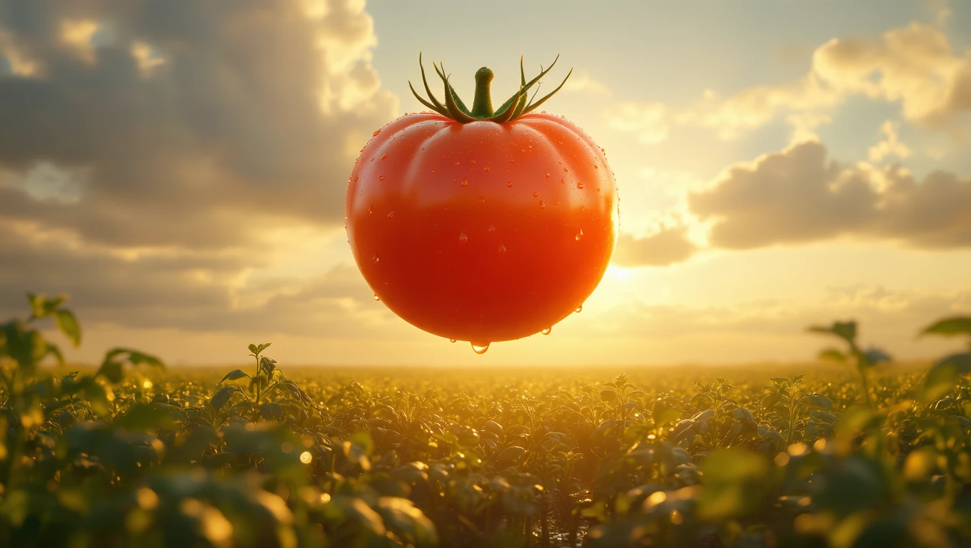 O roșie proaspătă, strălucitoare, suspendată în aer, cu raze de soare care o iluminează, simbolizând abundența și vitalitatea.