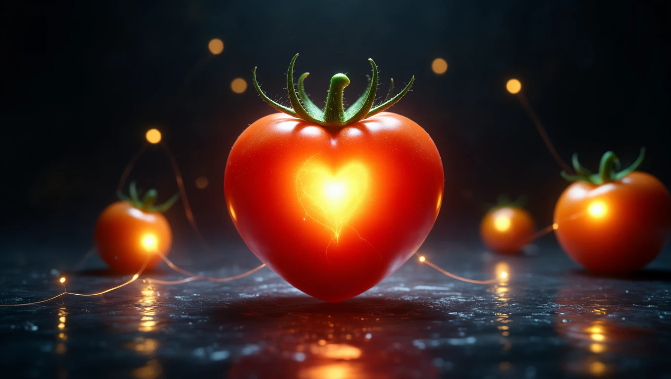 O roșie în formă de inimă strălucește, simbolizând dragoste și abundență, înconjurată de alte roșii pe un fundal întunecat.