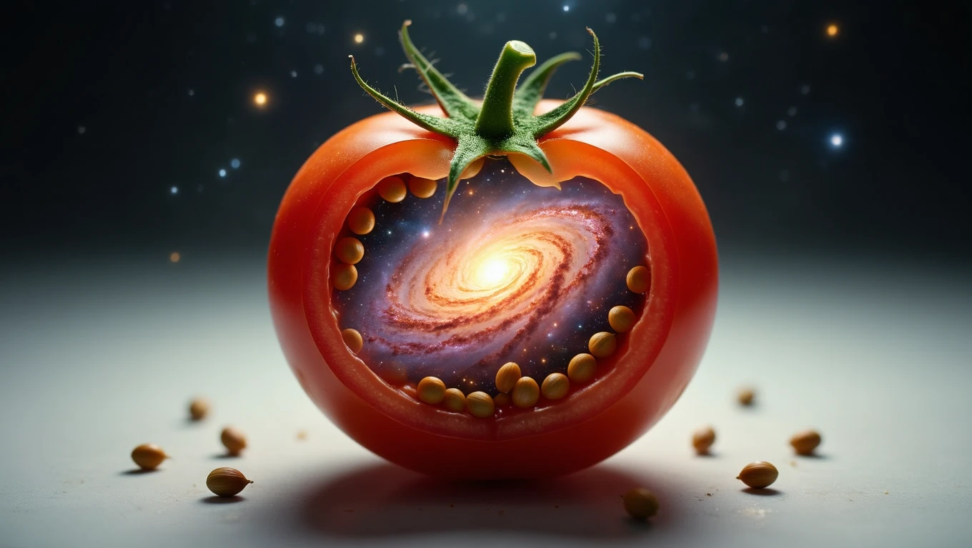 O roșie tăiată în jumătate, cu un interior care arată o galaxie strălucitoare, simbolizând abundența și noi începuturi.