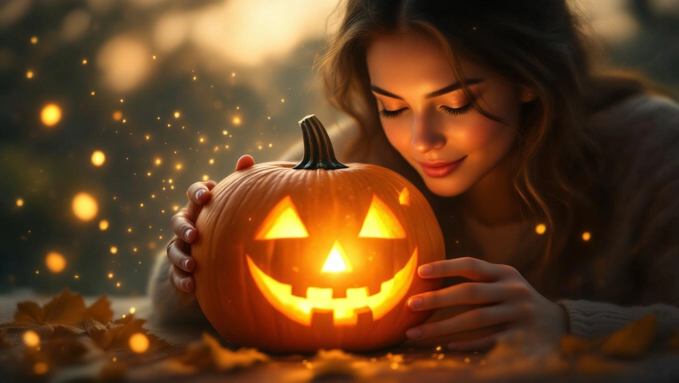 O tânără zâmbește în timp ce ține un dovleac sculptat cu un chip zâmbitor, iluminat de lumina interioară.