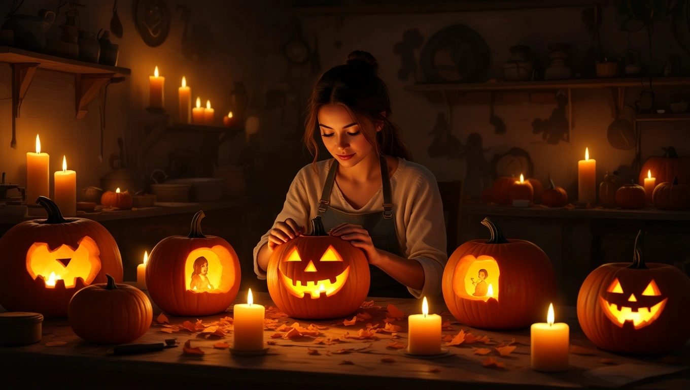 O tânără sculptând un dovleac în lumina caldă a lumânărilor, înconjurată de dovleci luminați.