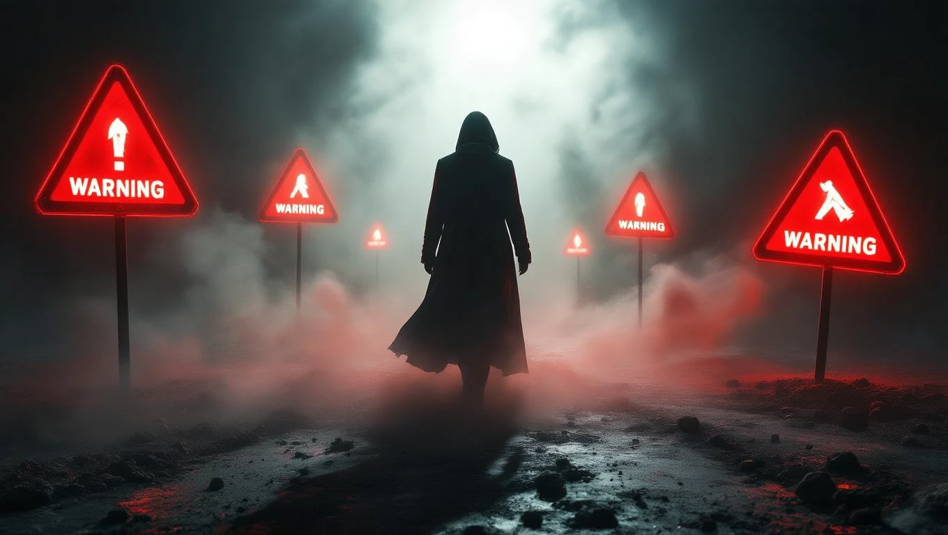 O siluetă misterioasă se îndreaptă spre semne de avertizare roșii, simbolizând pericolul și provocările din vise.