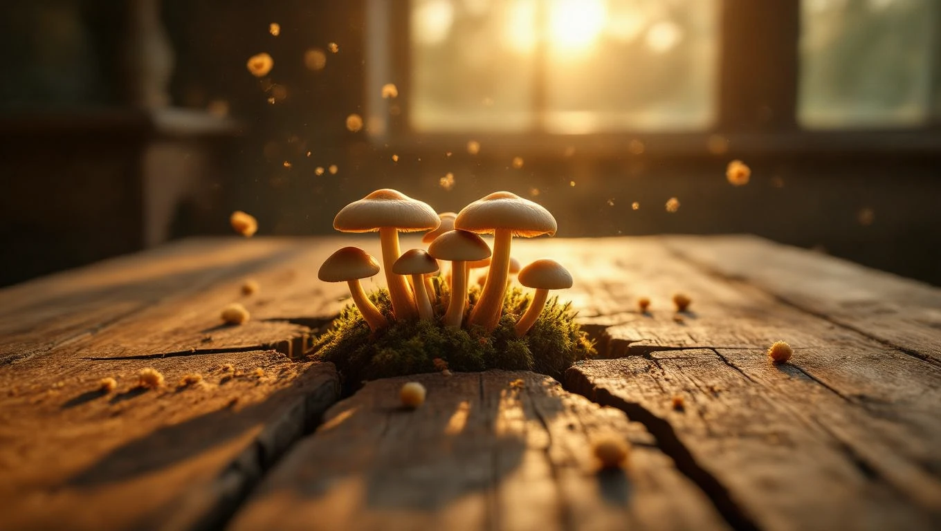 O ciupercă mică crește pe o bucată de lemn, simbolizând transformarea și potențialul ascuns.