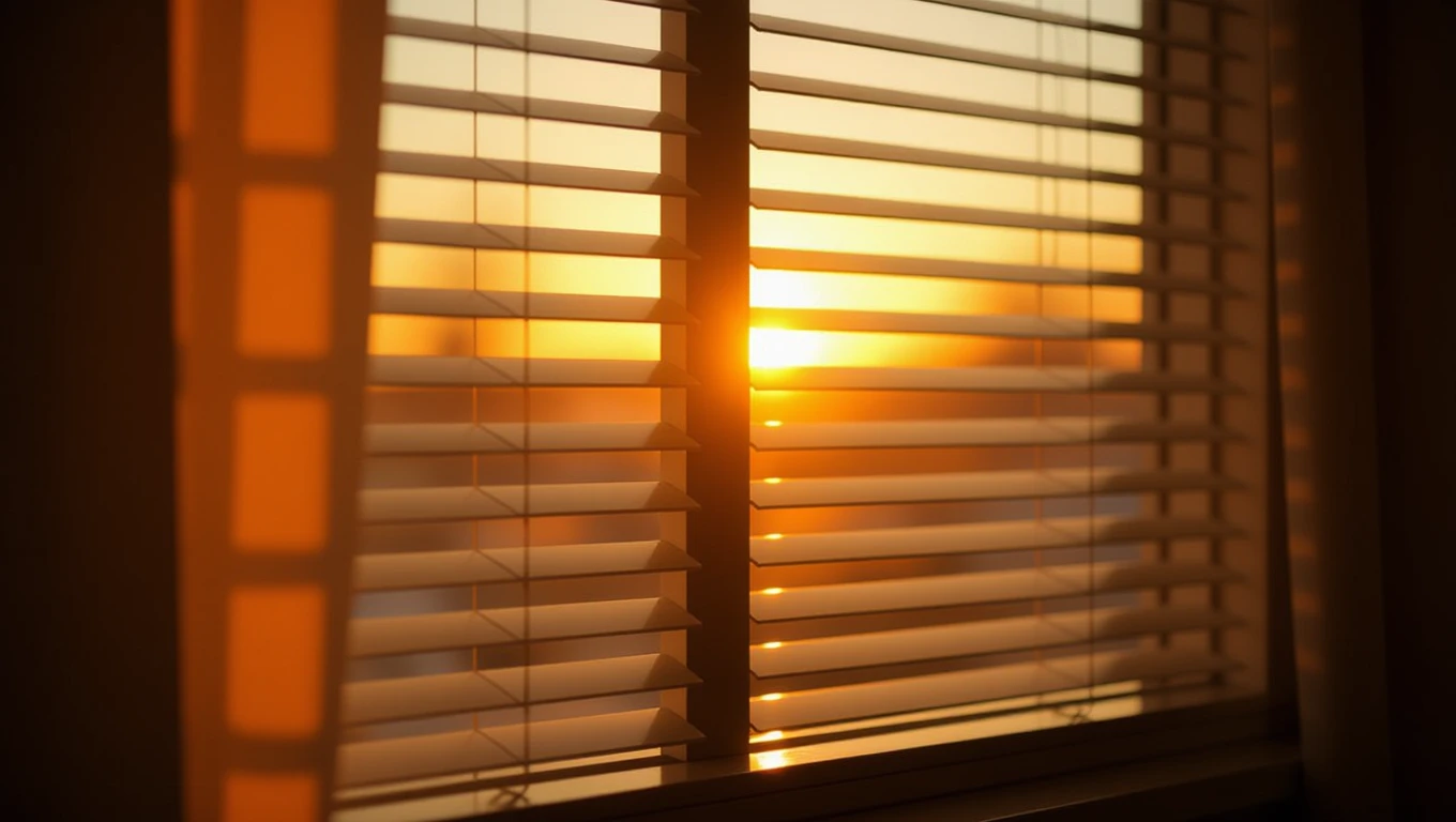 O jaluzea albă, cu razele soarelui strălucind prin fantele sale, simbolizând intimitatea și protecția în visuri.