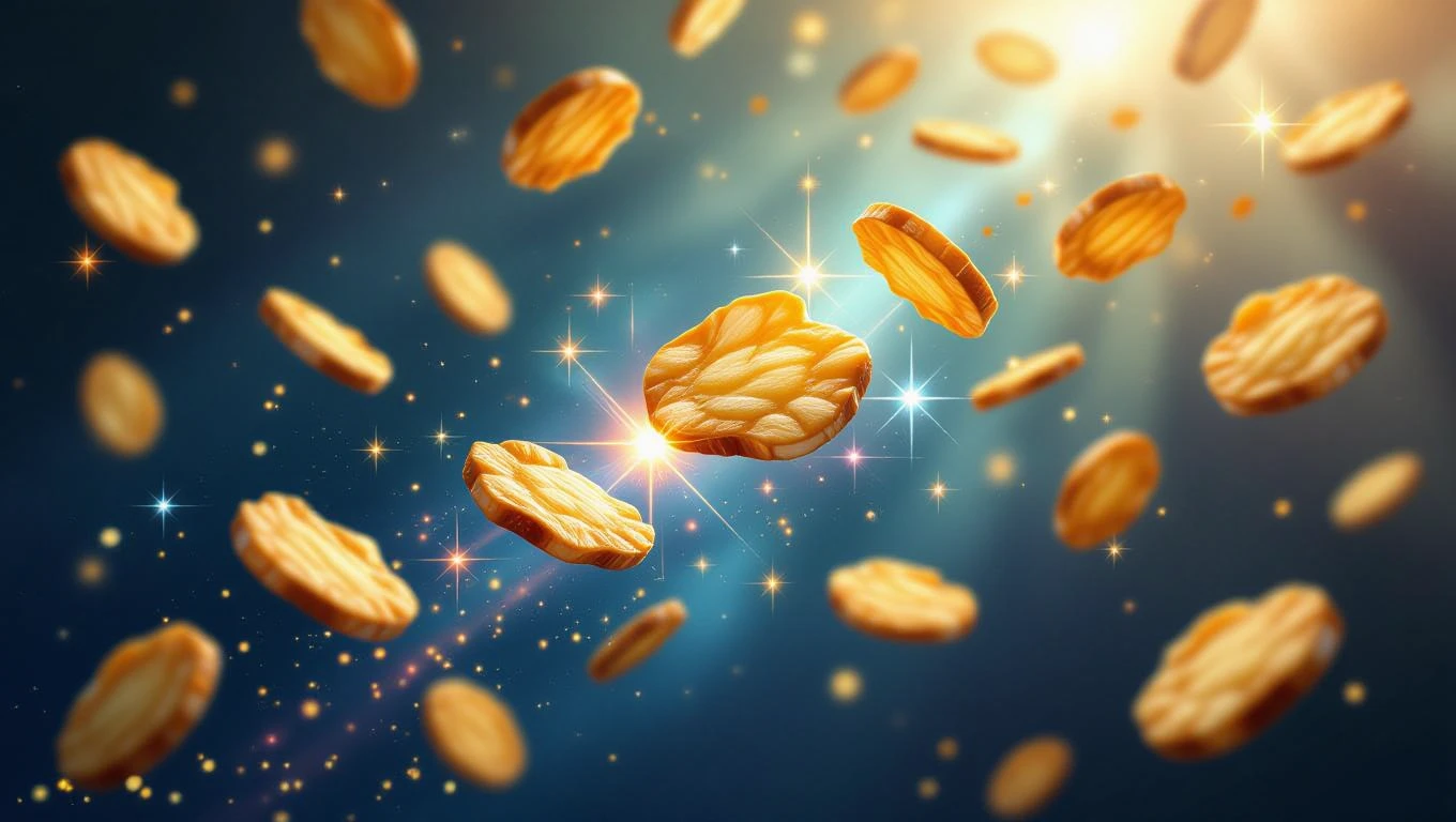 Imagine cu jetoane de poker strălucitoare plutind pe un fundal întunecat, simbolizând șanse și oportunități.