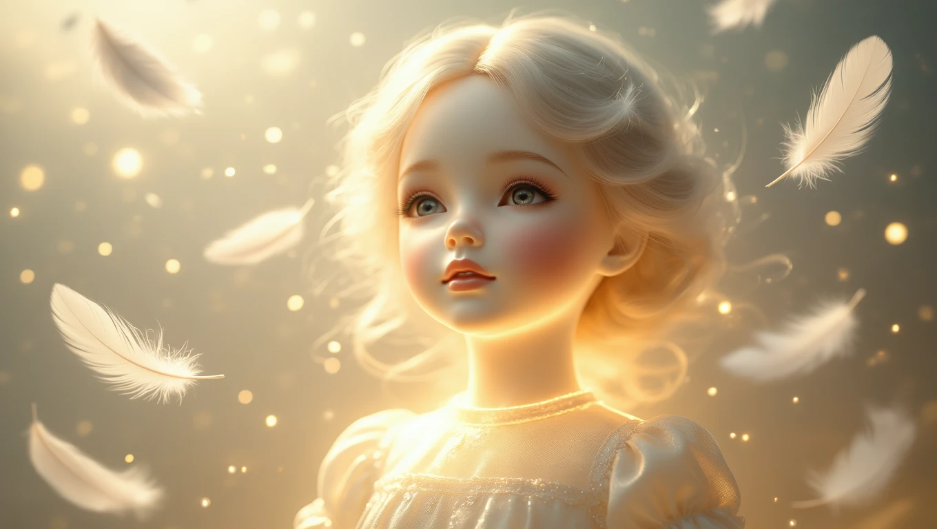 O păpușă cu părul blond și ochi mari, înconjurată de pene albe și lumini strălucitoare, evocând o atmosferă onirică.