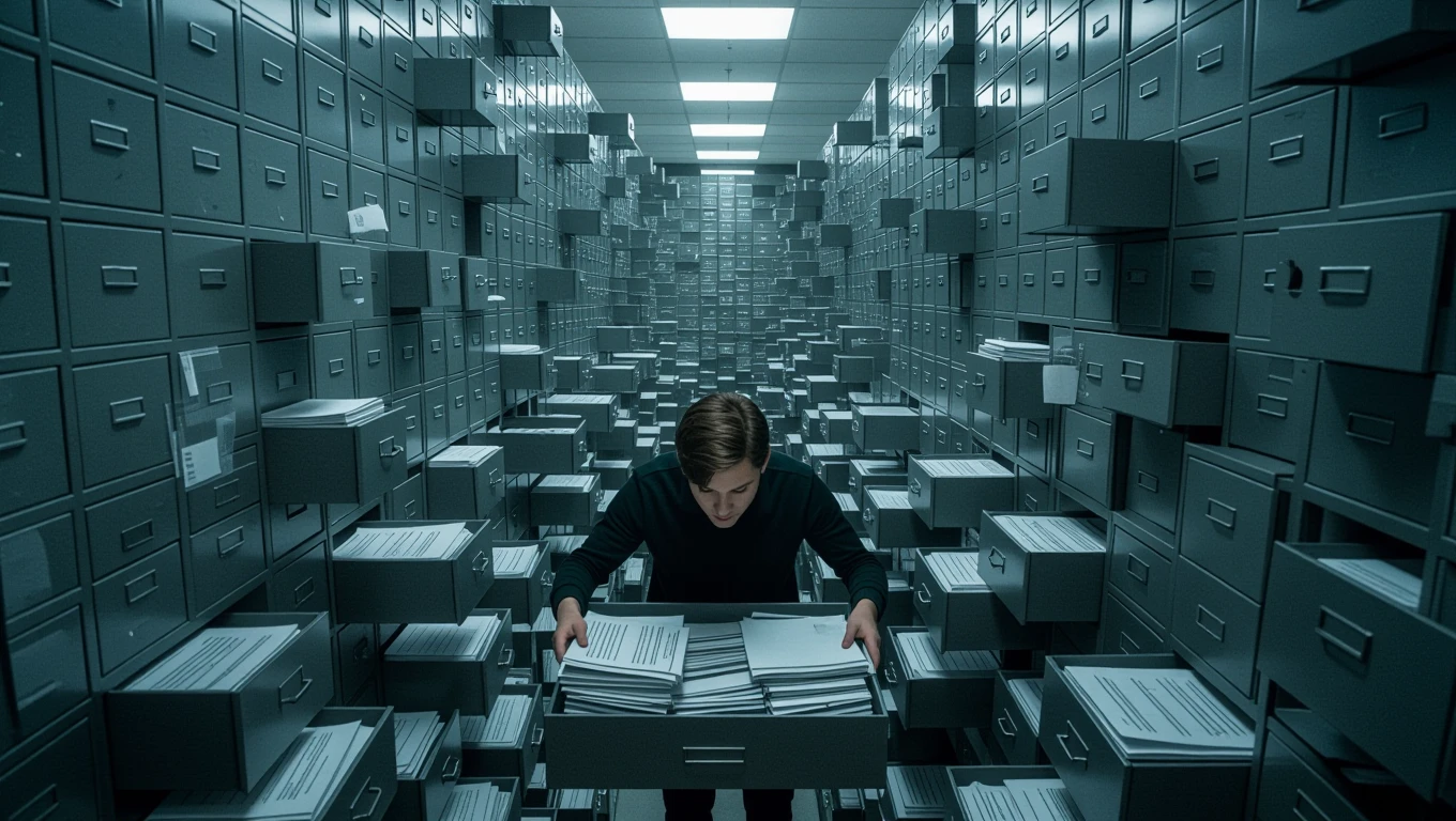 Un tânăr examinează documente într-un birou plin de dosare, simbolizând căutarea de răspunsuri și asumarea responsabilităților.