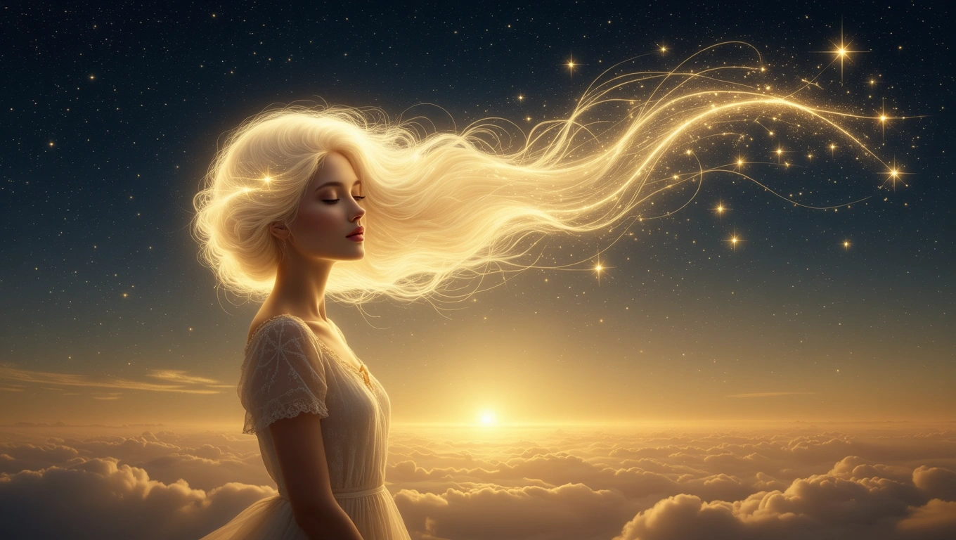 O femeie blondă cu părul lung și strălucitor, contemplând un peisaj de nori și stele, simbolizând inspirația și începuturi noi.