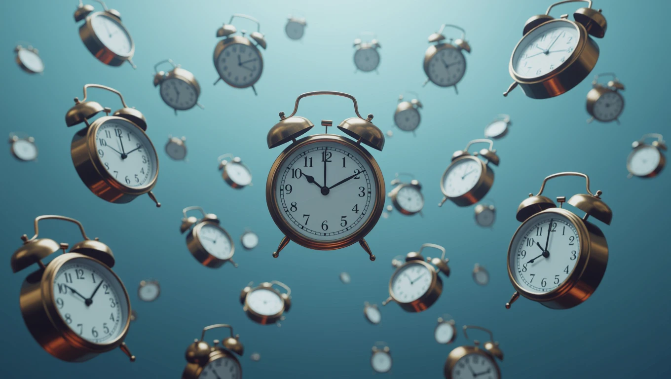 O imagine cu ceasuri de perete suspendate în aer, simbolizând trecerea timpului și responsabilitățile din viață.