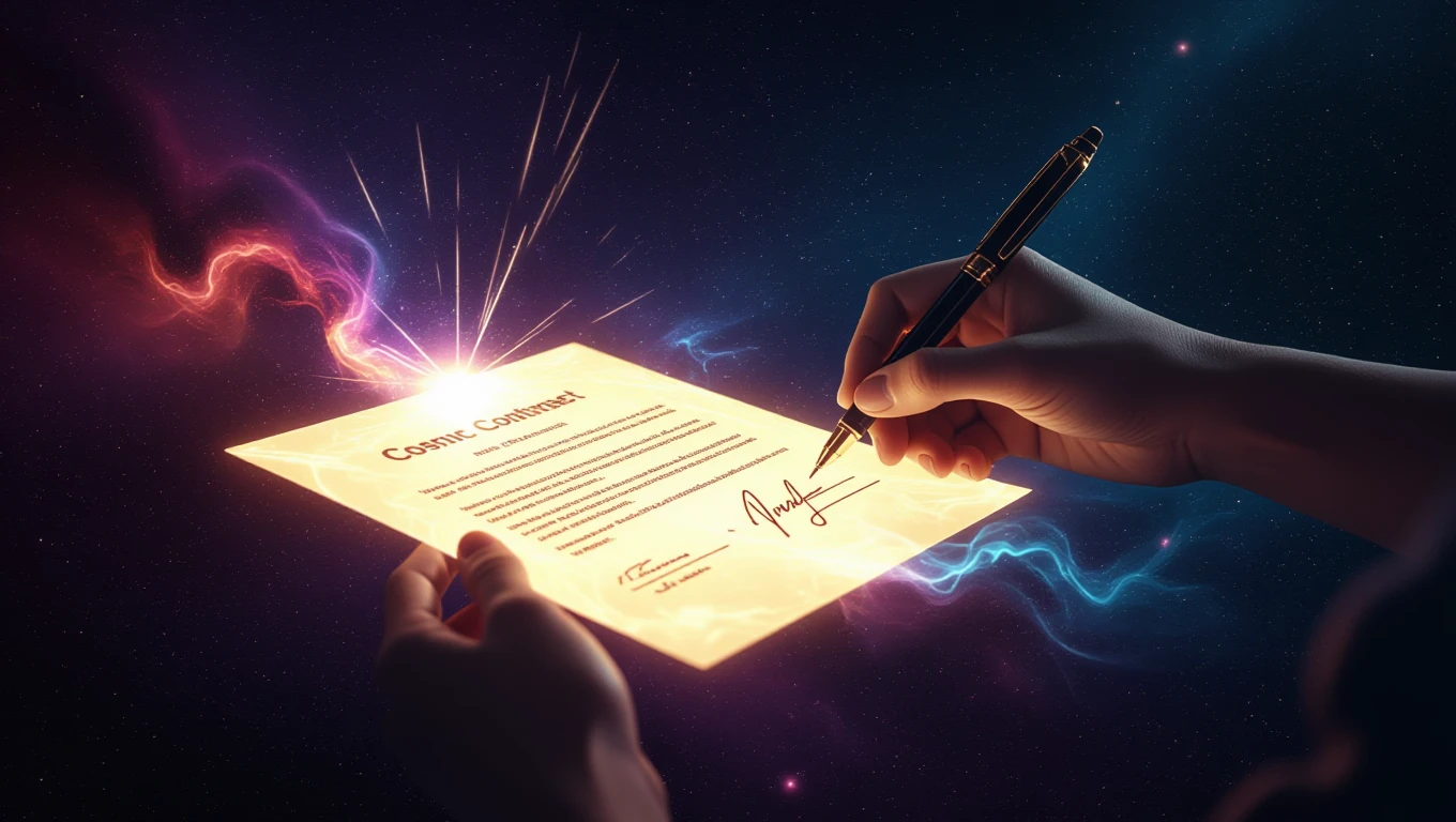 O mână scrie pe un document oficial strălucitor, simbolizând schimbări importante în viață.