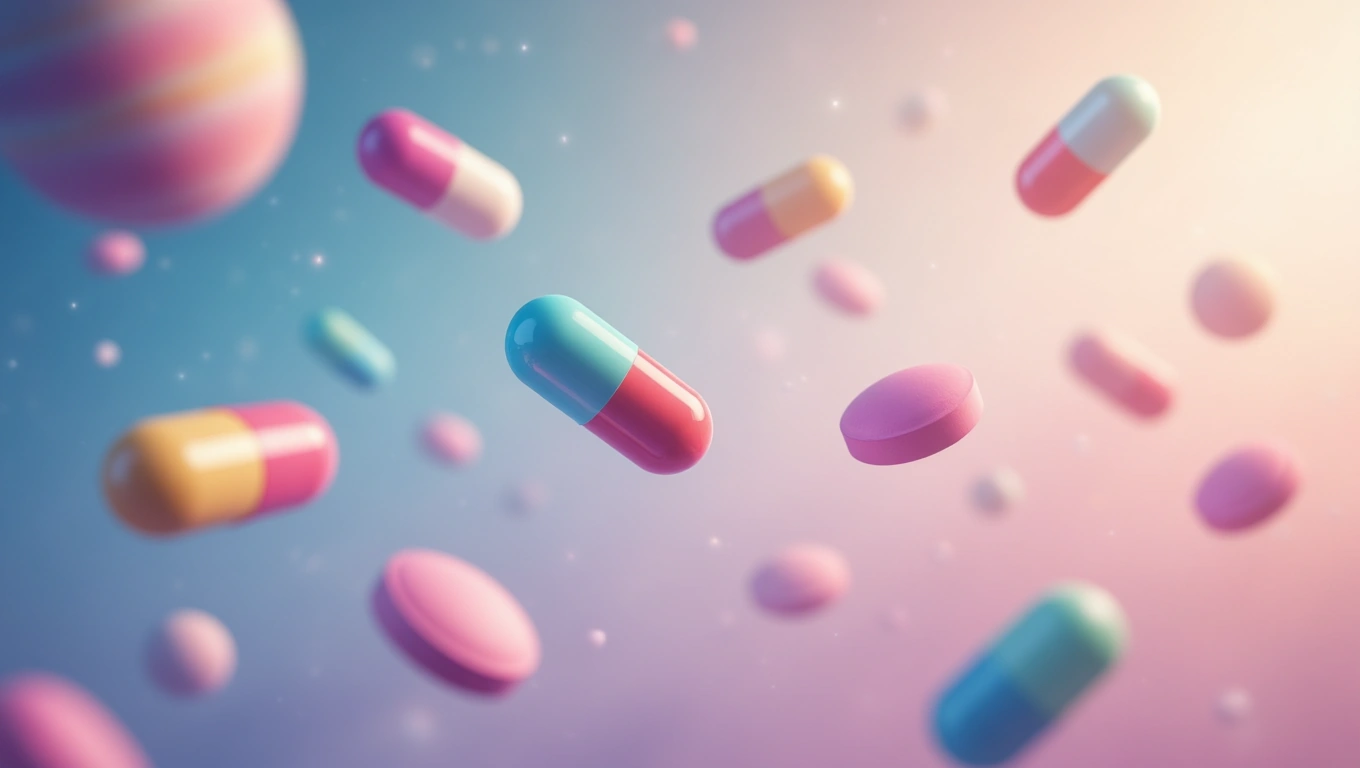 Imagine cu pastile colorate plutind pe un fundal pastelat, simbolizând nevoia de vindecare și echilibru în viață.