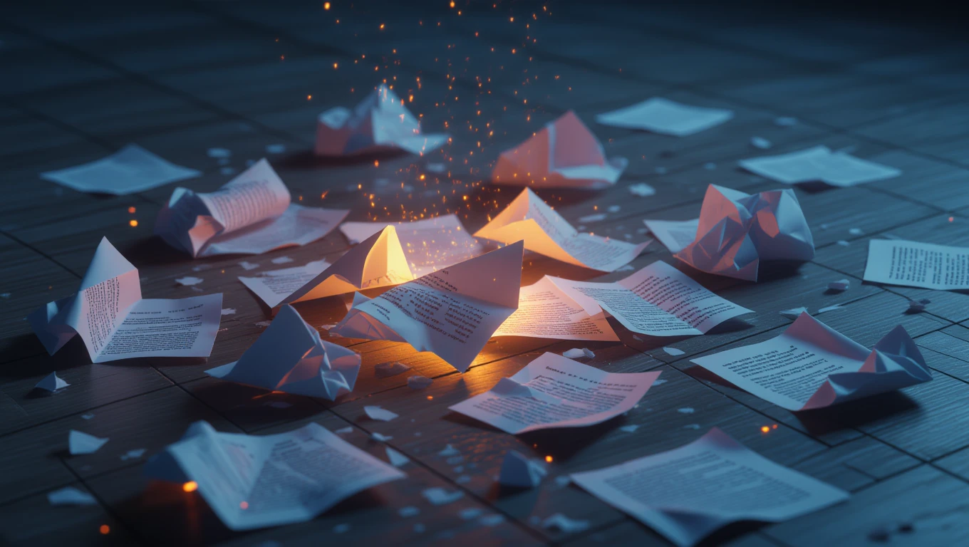 O mulțime de foi de hârtie împrăștiate pe podea, unele crumple și altele cu text, evidențiind idei și gânduri neexprimate.