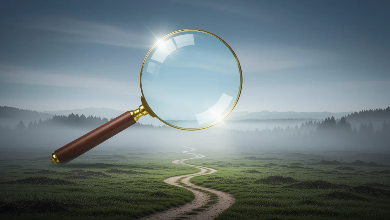 O lupă strălucitoare plutește deasupra unui peisaj natural, simbolizând analiza detaliilor din viață.
